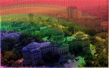 image of Jackson downtown with a rainbow overlay