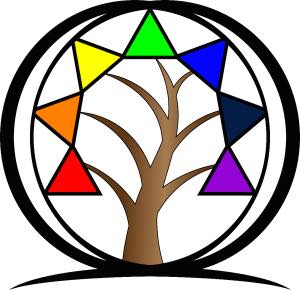 tree with seven branches each with a different color triangle in place of leaves
