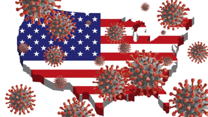 Outline of United States with US flag and coronavirus shapes