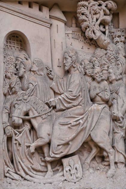 Jesus and donkey entering Jerusalem, palm Sunday