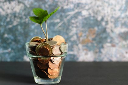 coins in a planter with a plant growing out of it