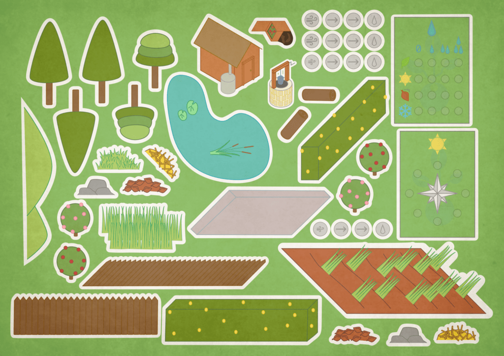 Imagined layout of a community garden in rudimentary shapes depicting the placement of growing zones